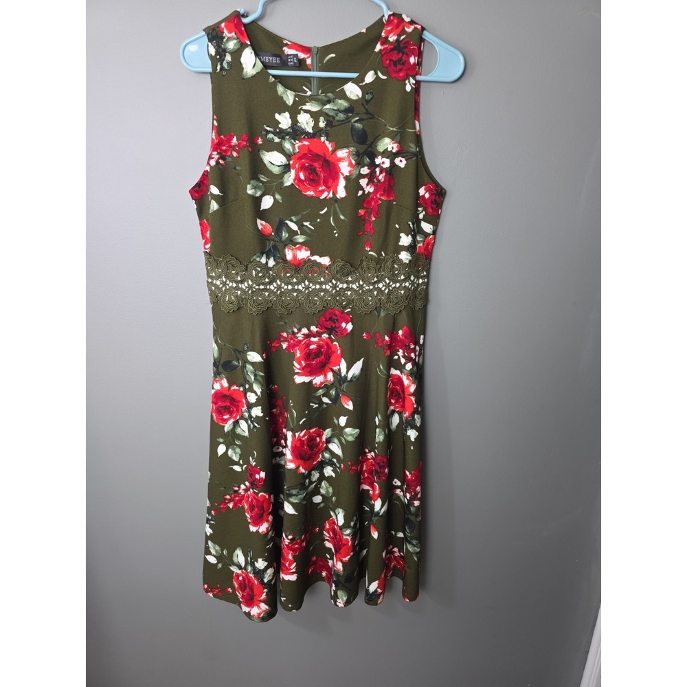 Homeyee Fashion Sleeveless Floral Dress Green Red Size XL Bold Lace Garden Party